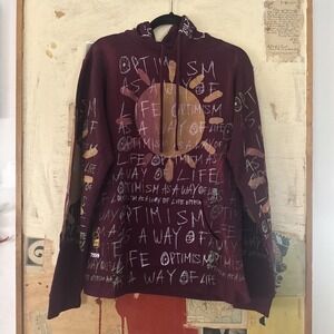 Snow Milk "Optimism" Bergundy Hoodie Mens 2XL - Upcycled 1 of A Kind #7599‎